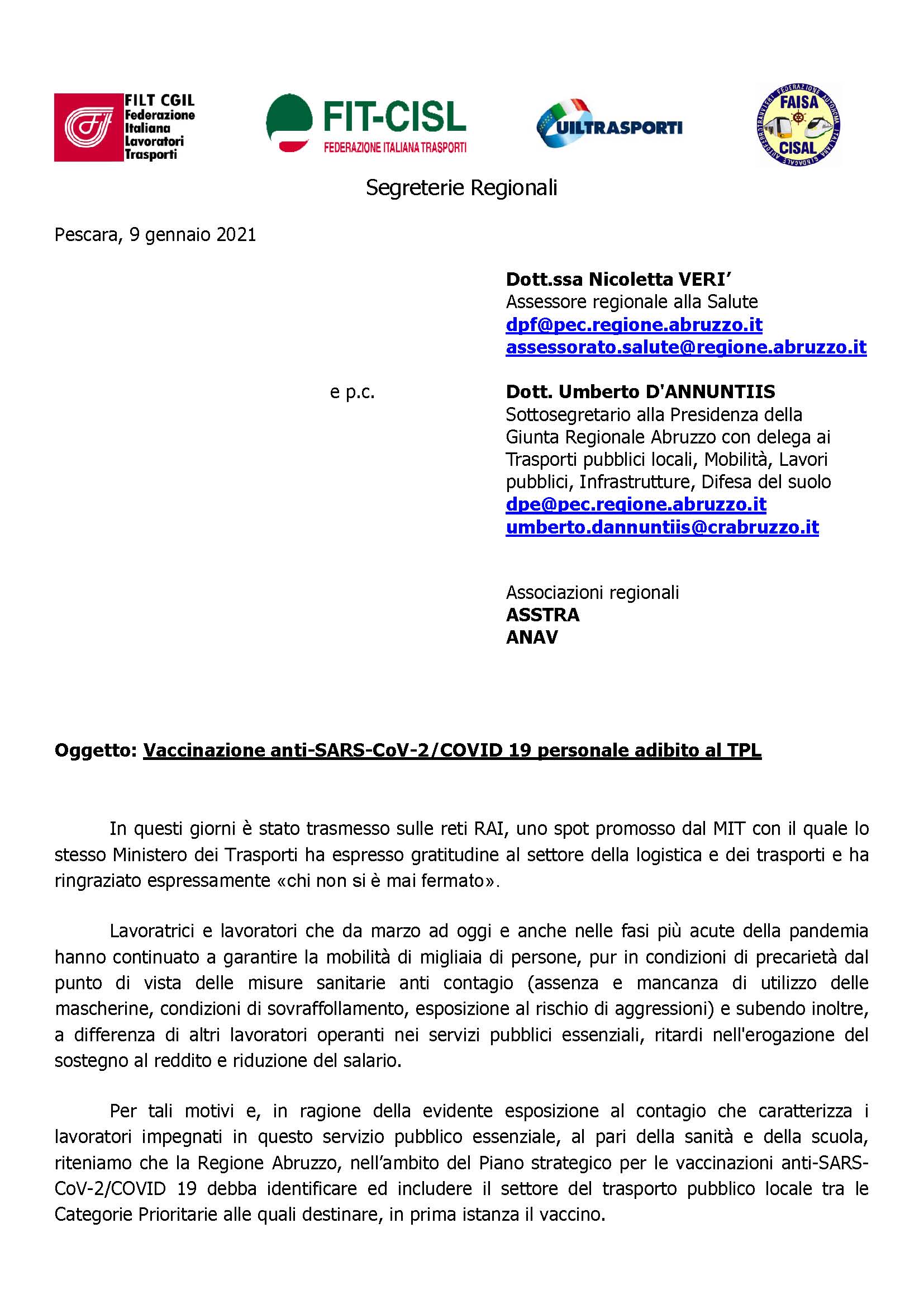 09 gennaio 2021 Filt Cgil Fit Cisl Uiltrasporti Faisa Cisal vaccinazioni anti SARS CoV 2 COVID 19 Page 1